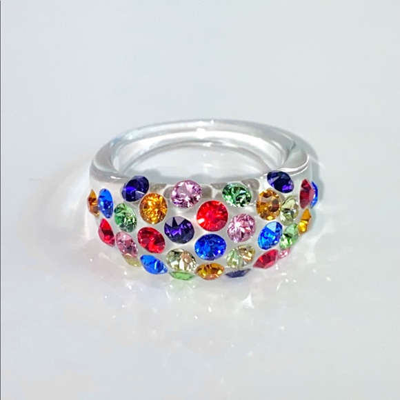 Multicoloured Acrylic Ring Embellished With Genuine Crystal Stone Elements New! - Picture 4 of 12